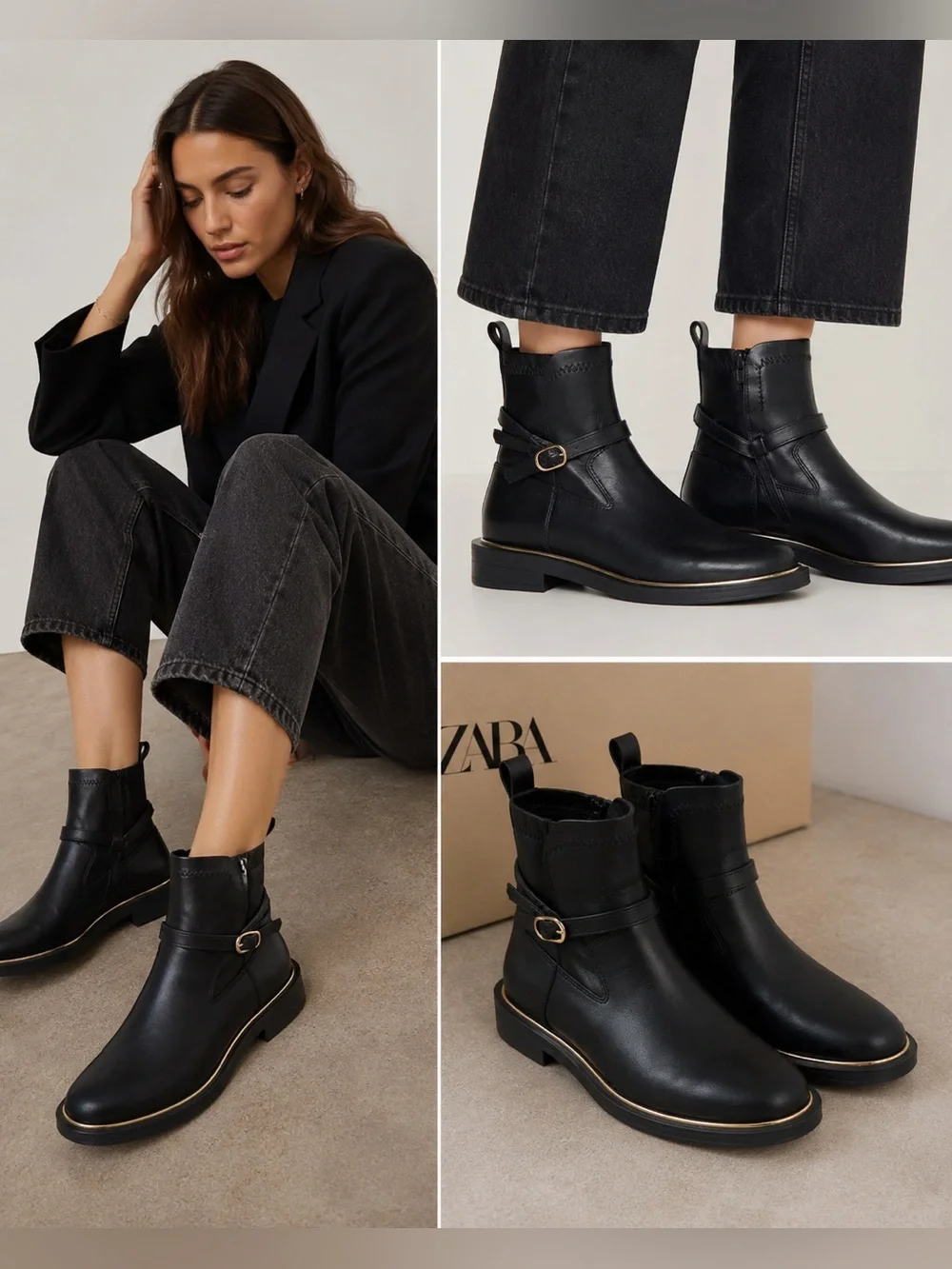 Zara Black Ankle Boots Size 35 Buckle Strap Gold Trim Moto Booties - Picture 1 of 12